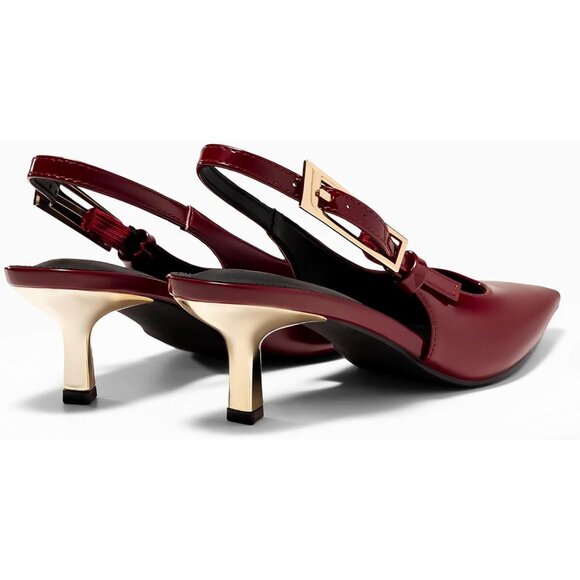 Women's Burgundy Slingback Kitten Heels Closed Pointed Toe Pumps Buckle Strap - Picture 6 of 6